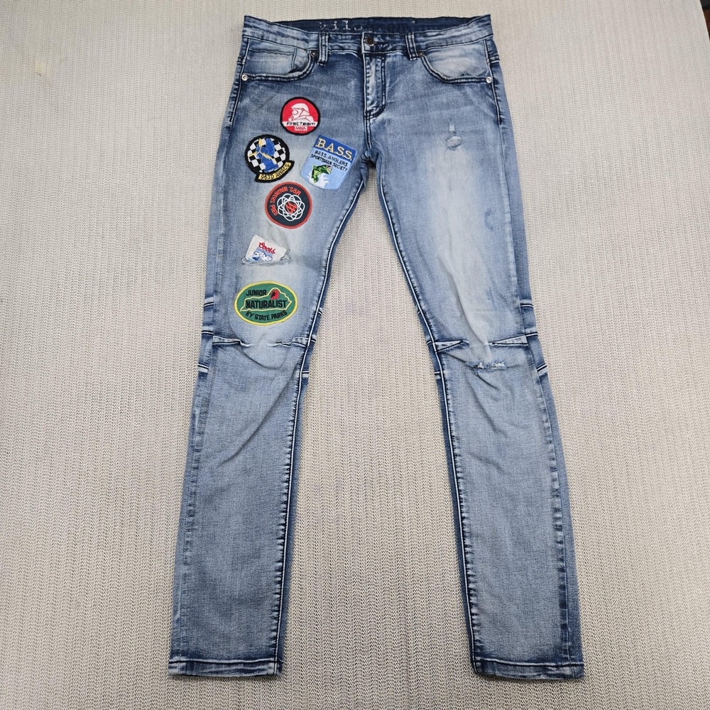 Kilogram Jeans Mens 32x32 Blue Moto Biker Patches Distressed Slim Fit Denim